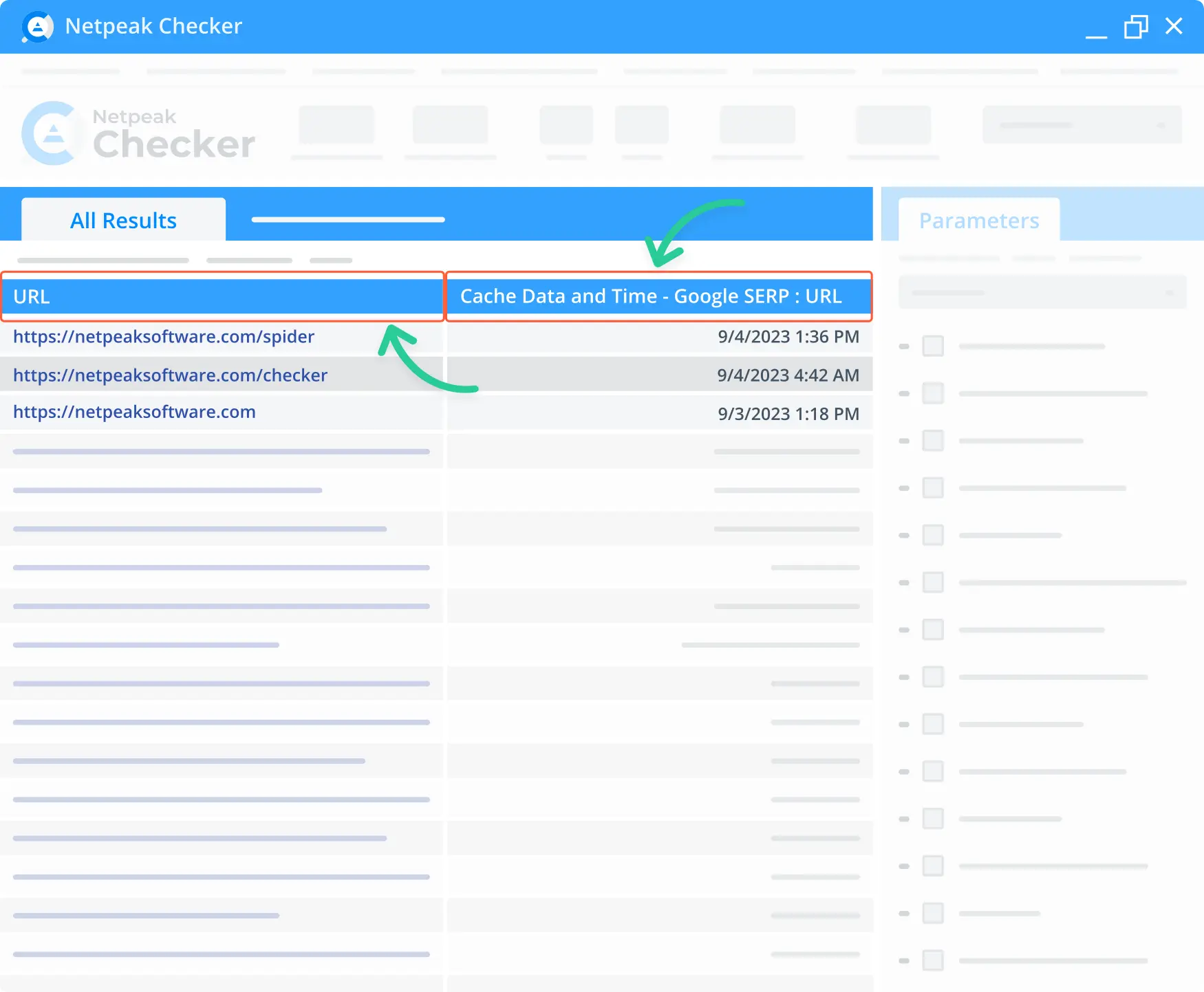 Google SERP cache data in the Netpeak Checker