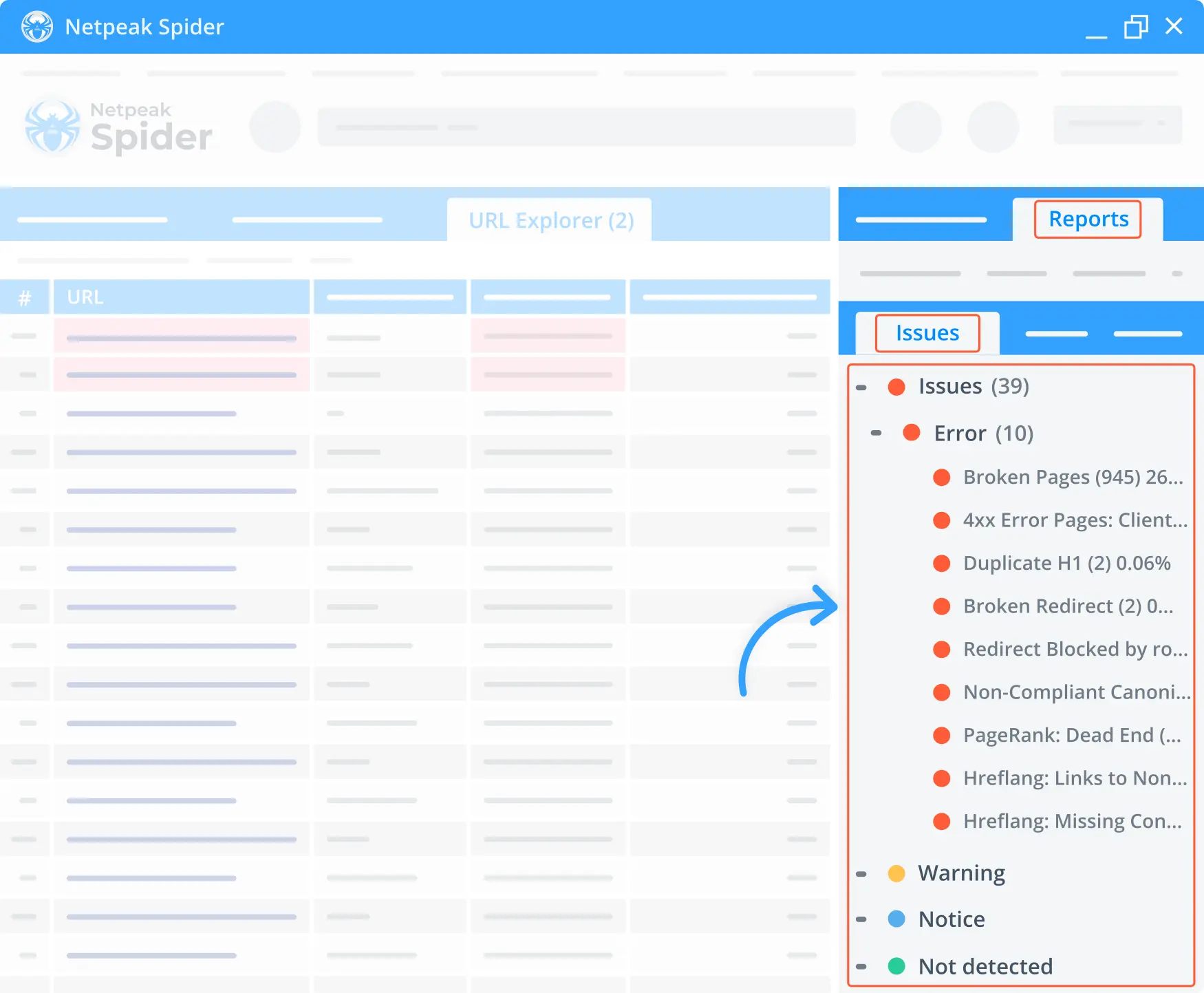 Netpeak Spider gathers data on all various existing on-page problems, and you can download relevant issue reports anytime.