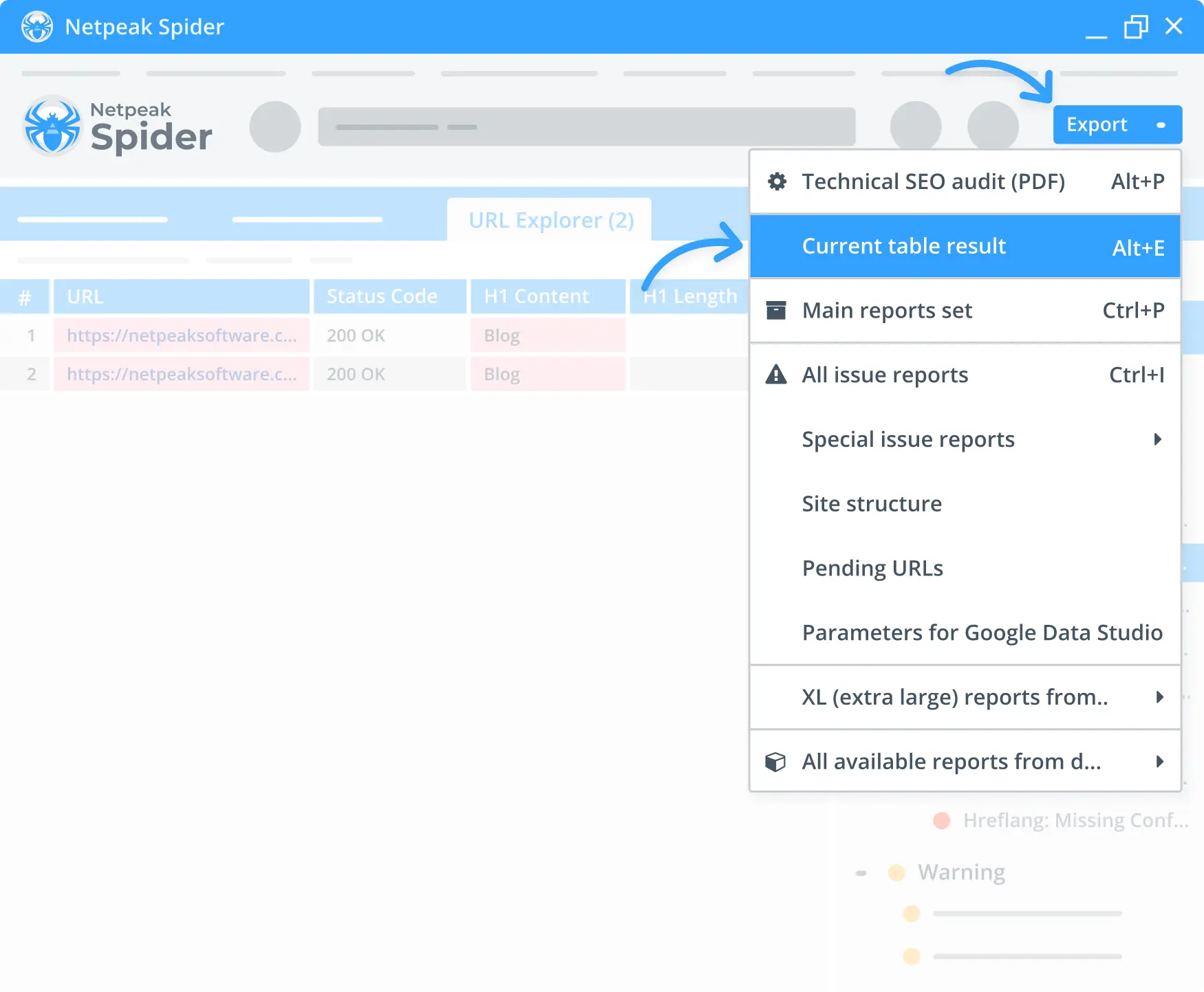 Netpeak Spider allows you to quickly download issue reports for your business and SEO needs.