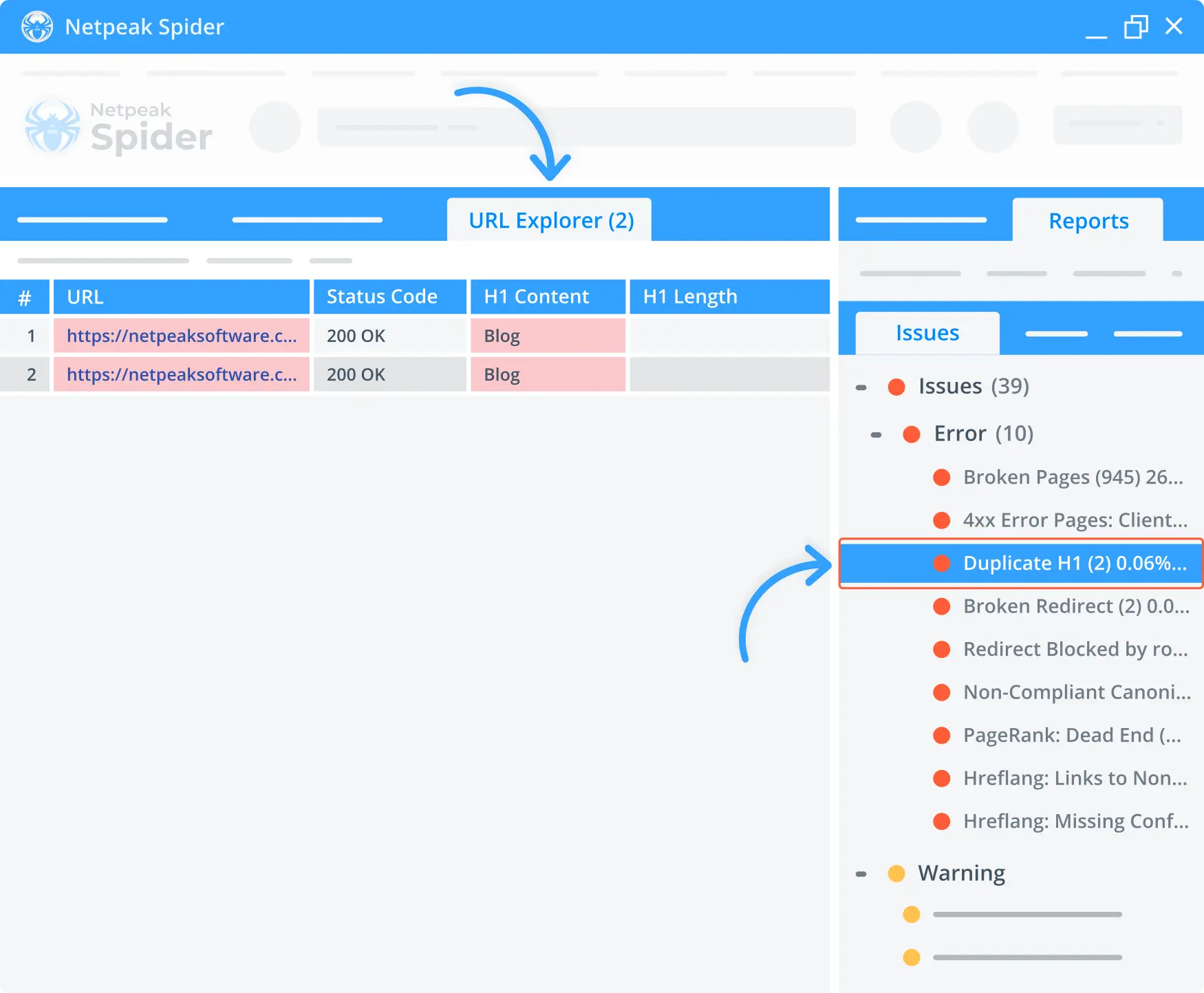 Detect H1 duplicates on your website using the Netpeak Spider app.