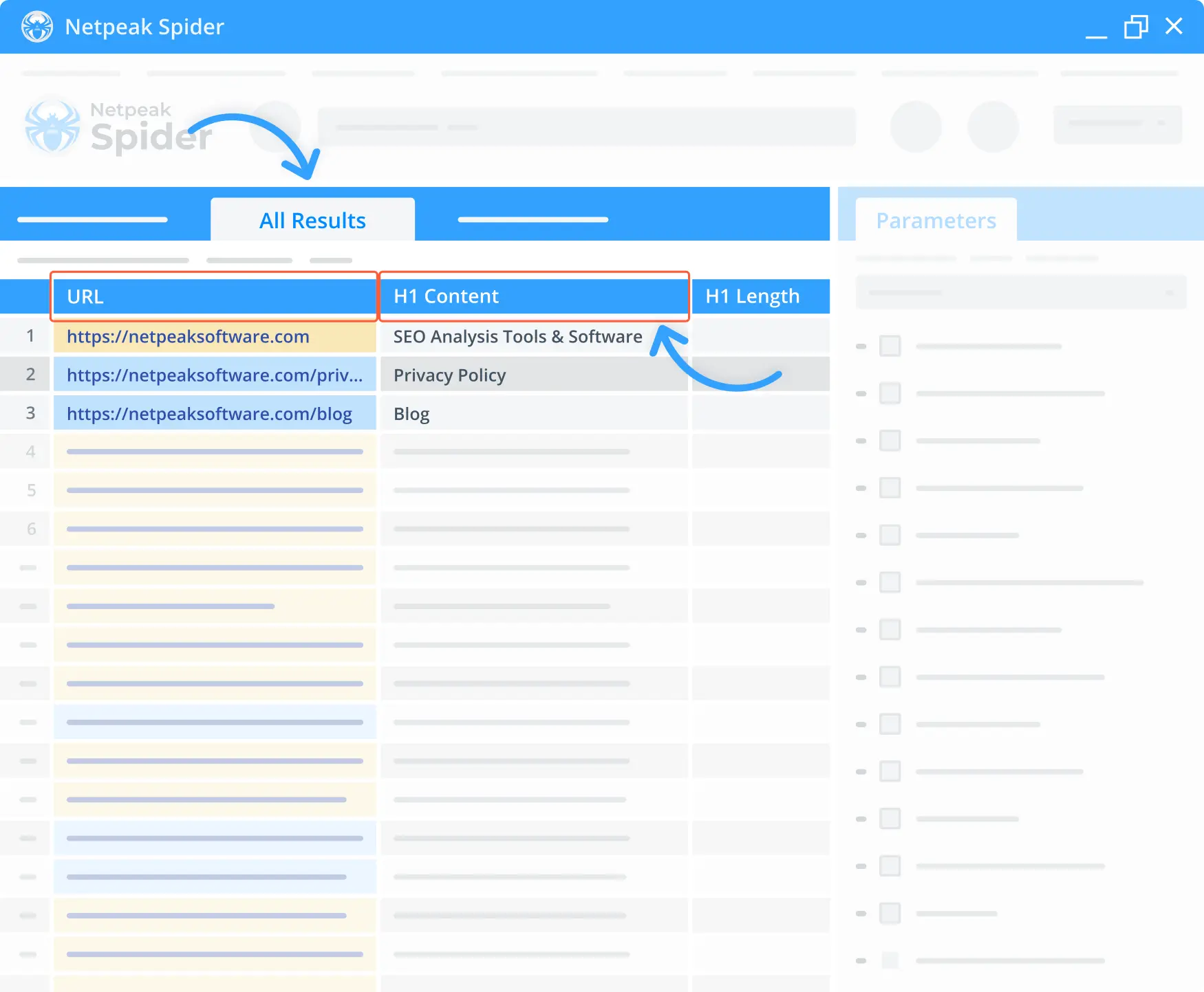 Use the Netpeak Spider app to check the H1 tags of all your website's pages or posts.