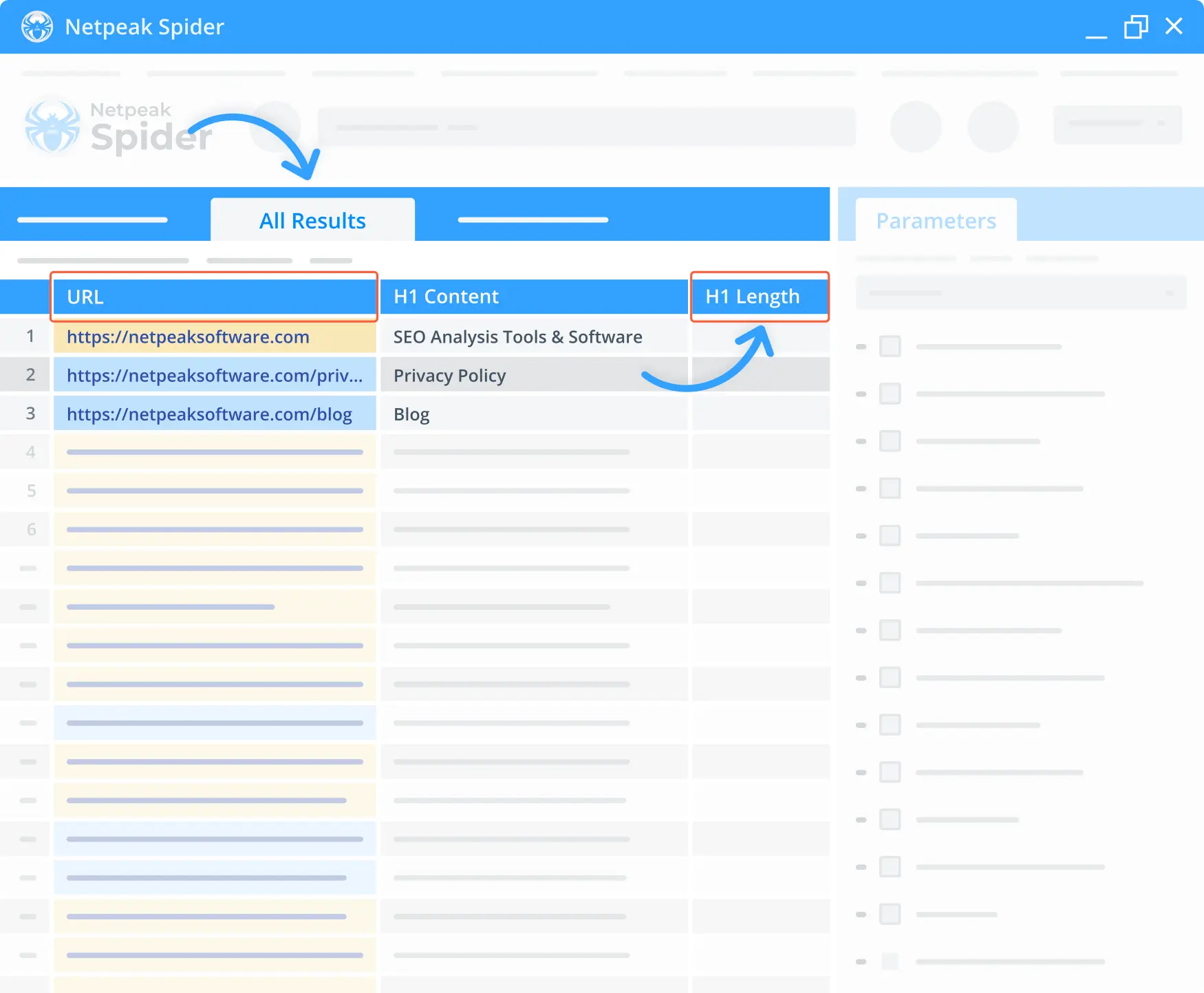 Check the character count of your H1 tags using Netpeak Spider.