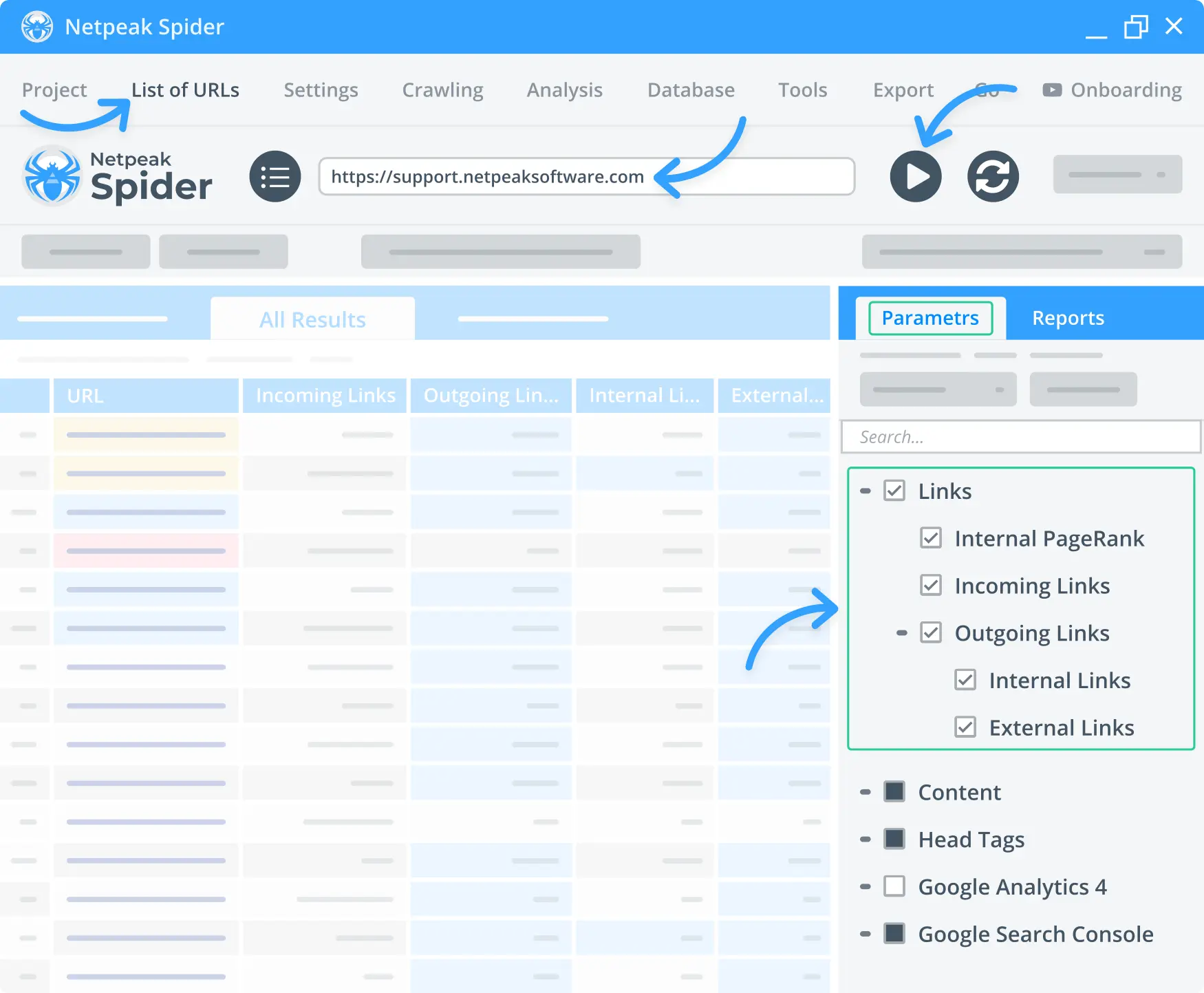 Link extractor parameters in Netpeak Spider.