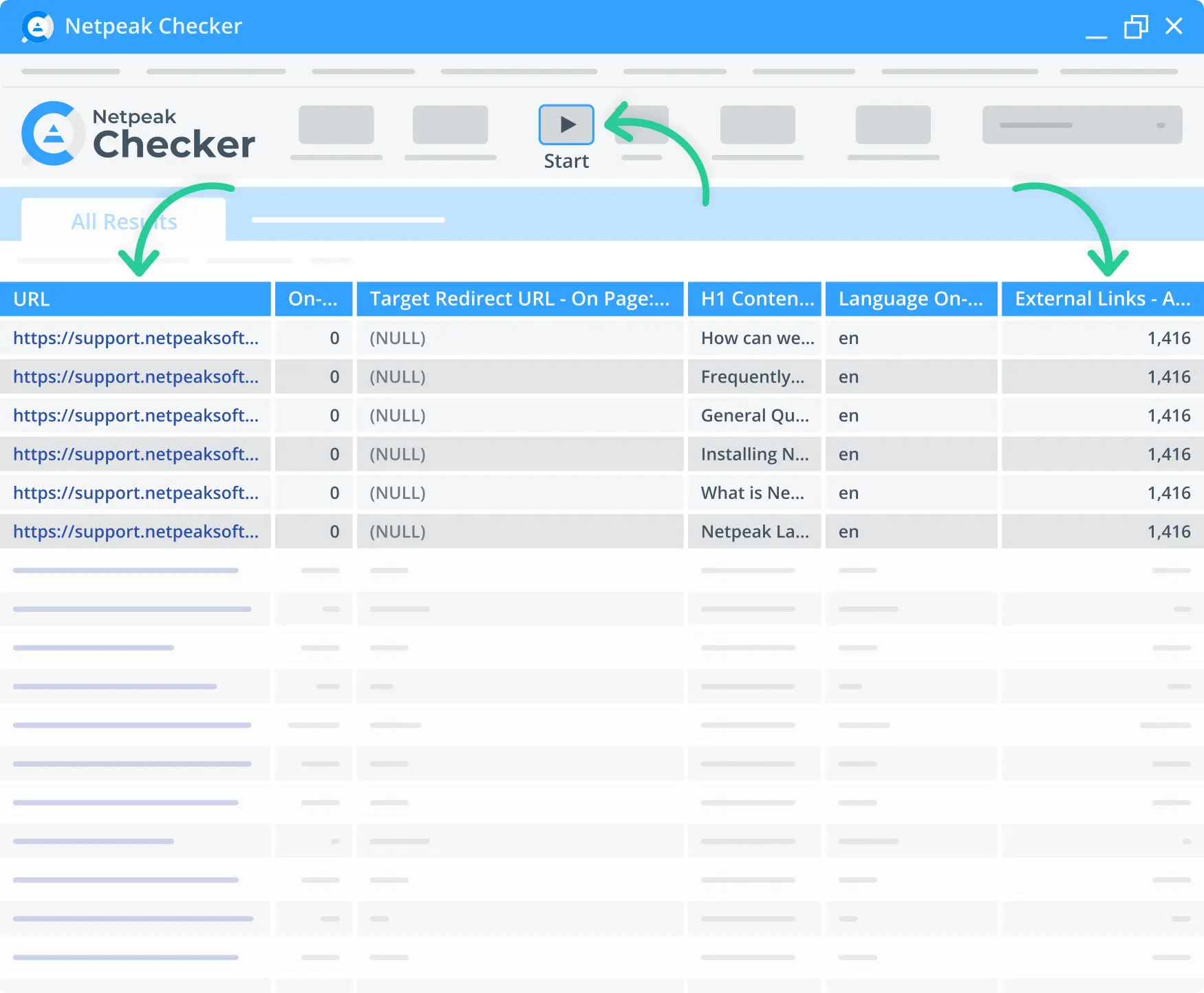 Links extractor results via Integrations in Netpeak Checker.