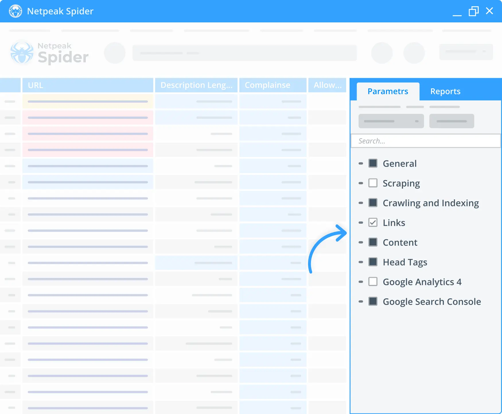 SEO parameters in Netpeak Spider.