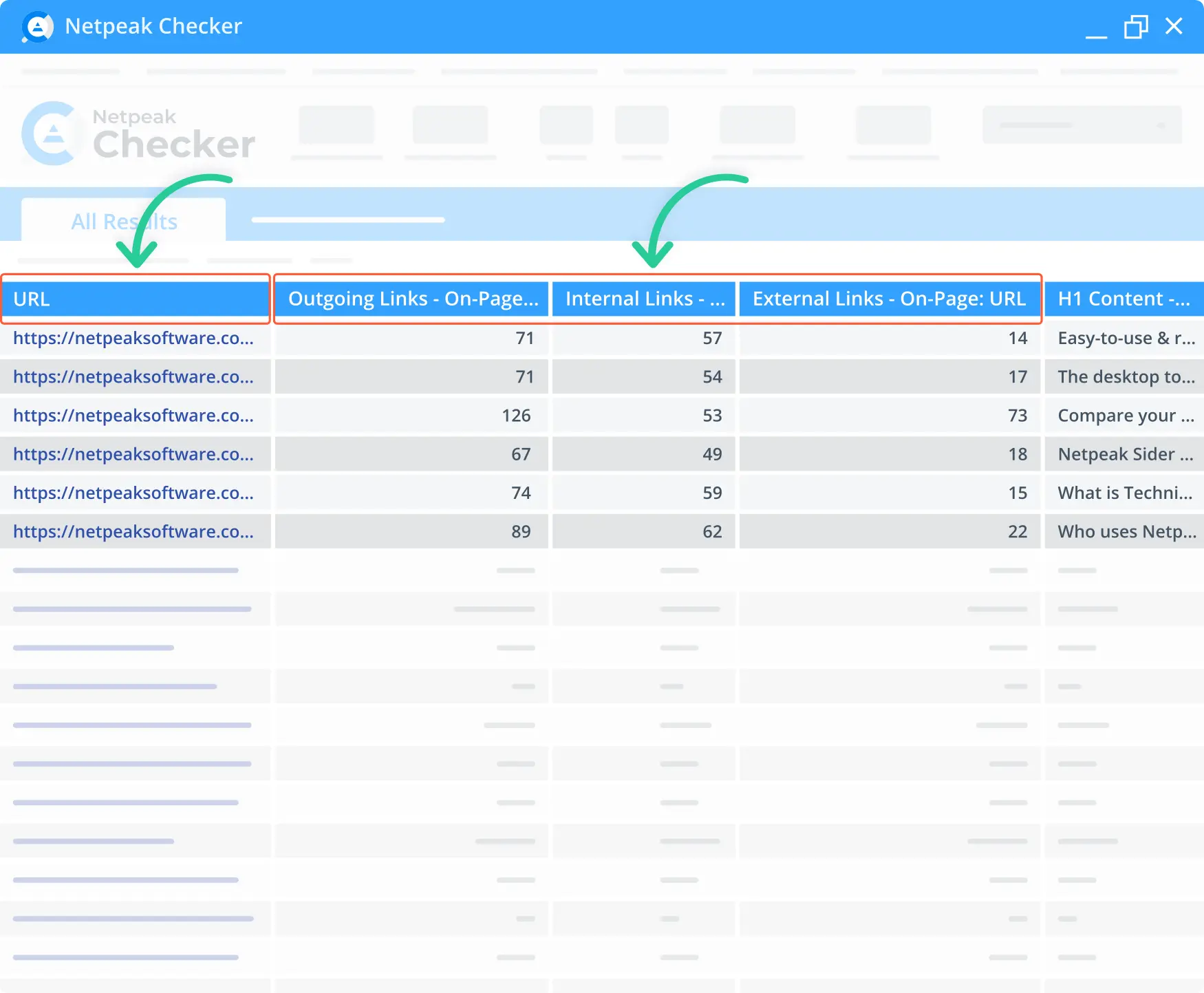 A link extractor results via page check in Netpeak Spider.