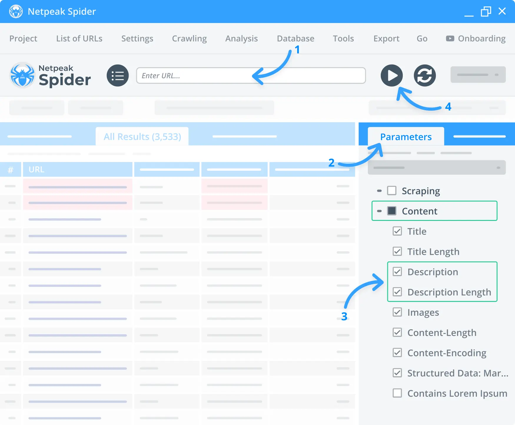  Launch Nepteak Spider to check the main parameters related to your website's meta description.