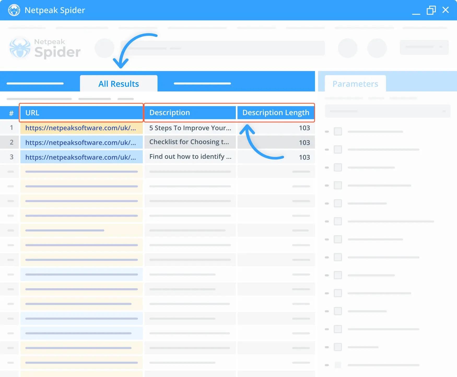  Netpeak Spider checks all the added links and provides in-depth information regarding each compliant meta description.