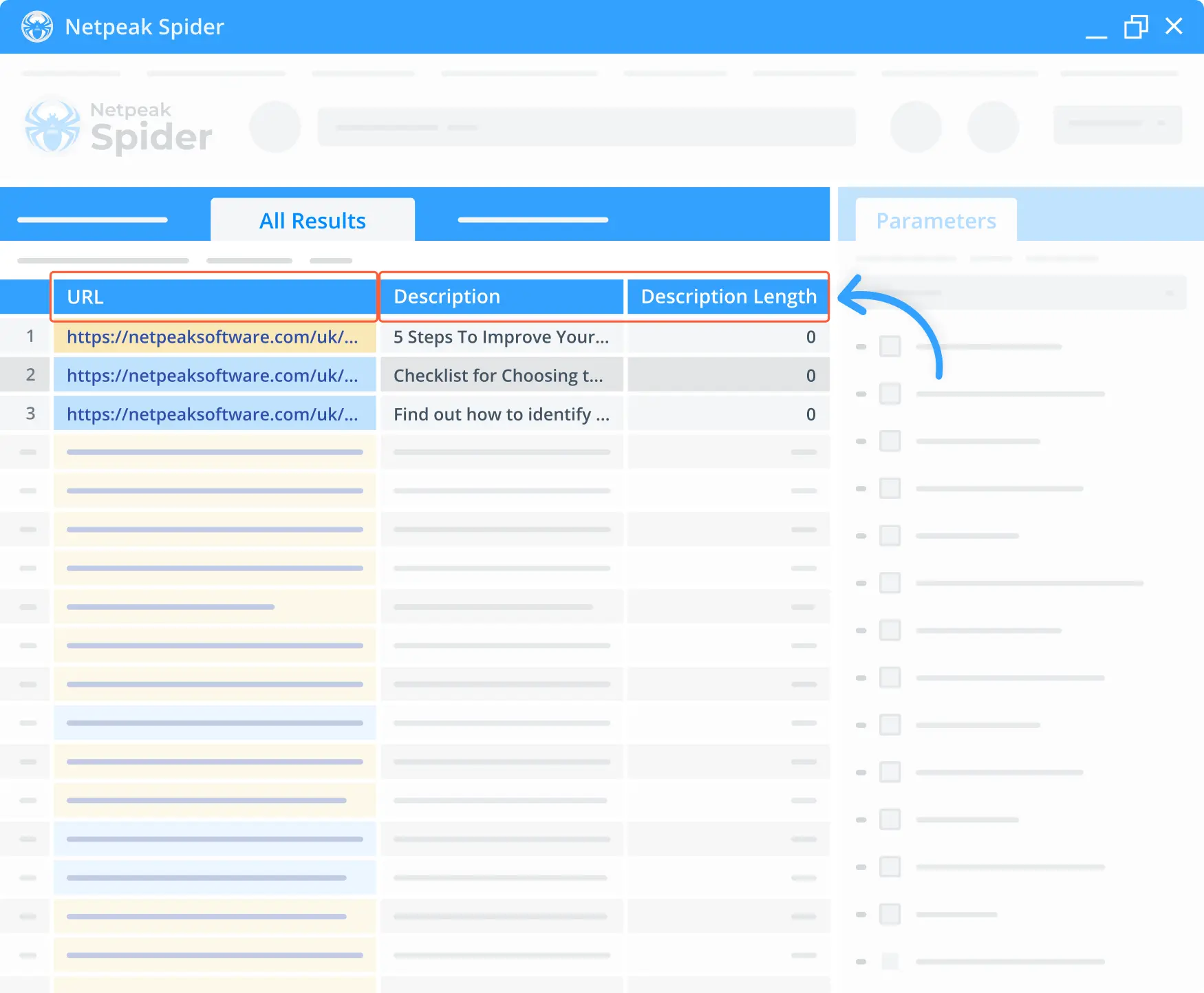 Check out the content of all the required description tags using Netpeak Spider.