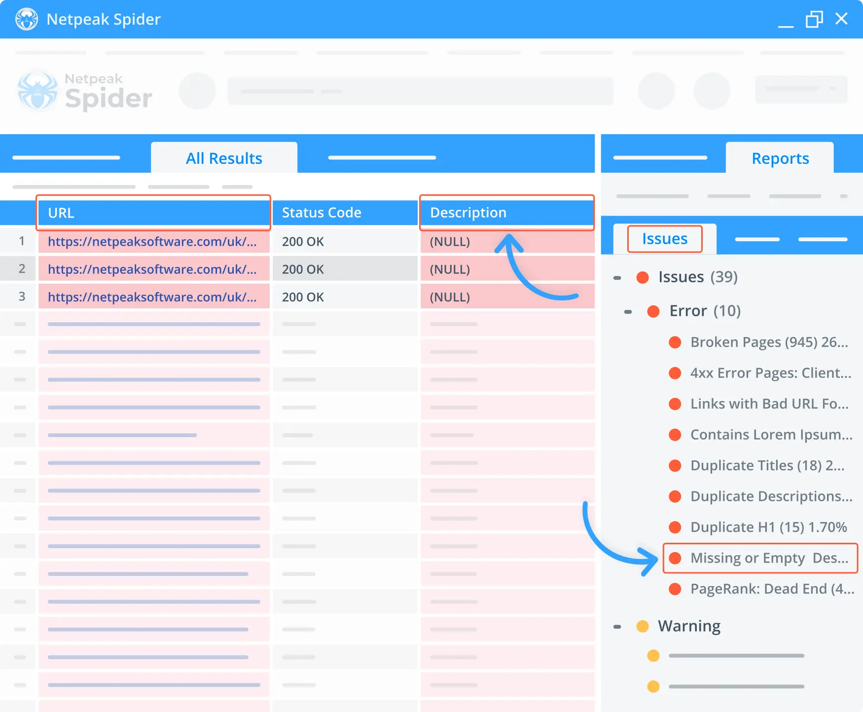  Detect missing or empty descriptions on required pages using Netpeak Spider.