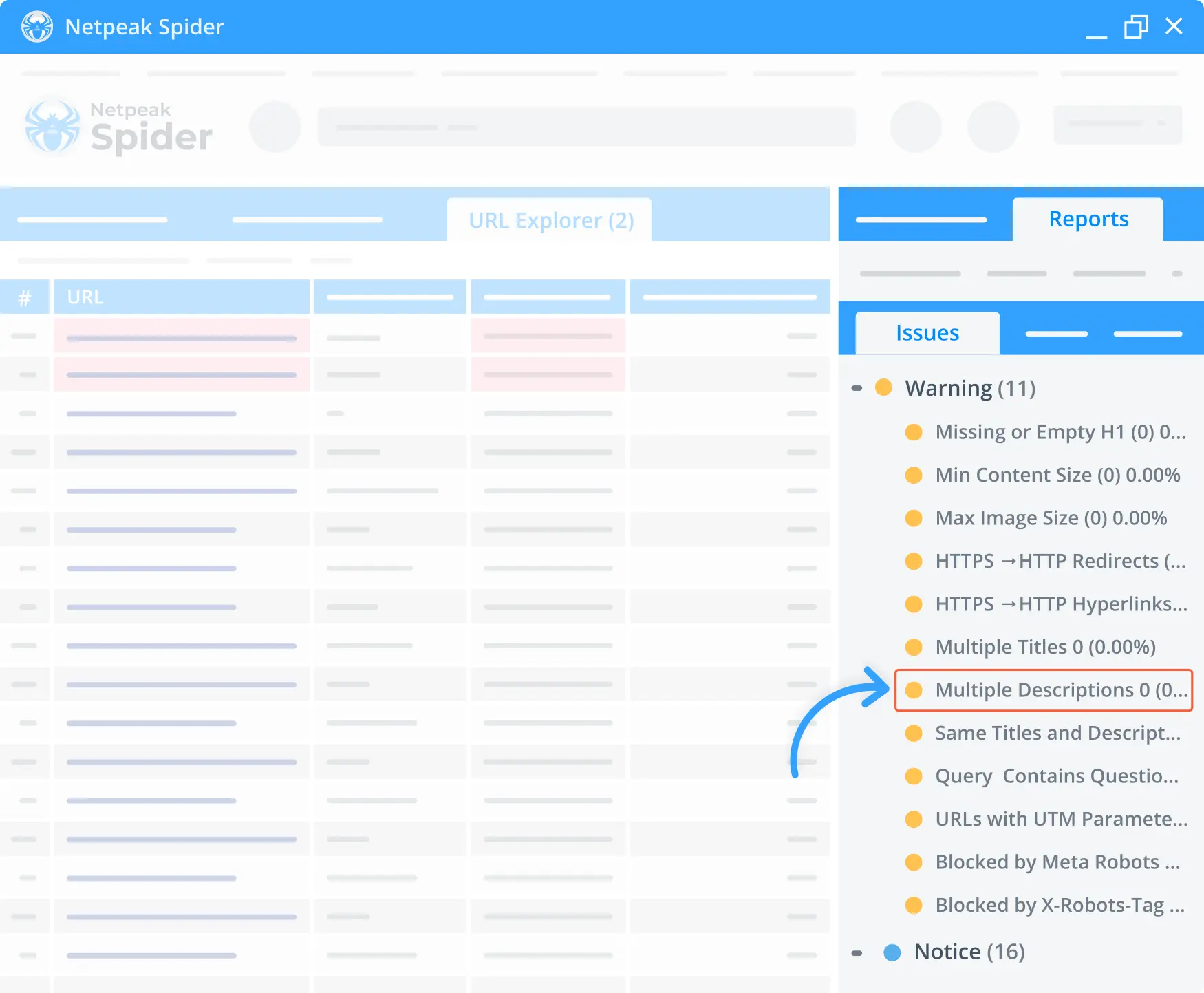 Check out if any of your pages contain more than one description with Netpeak Spider.