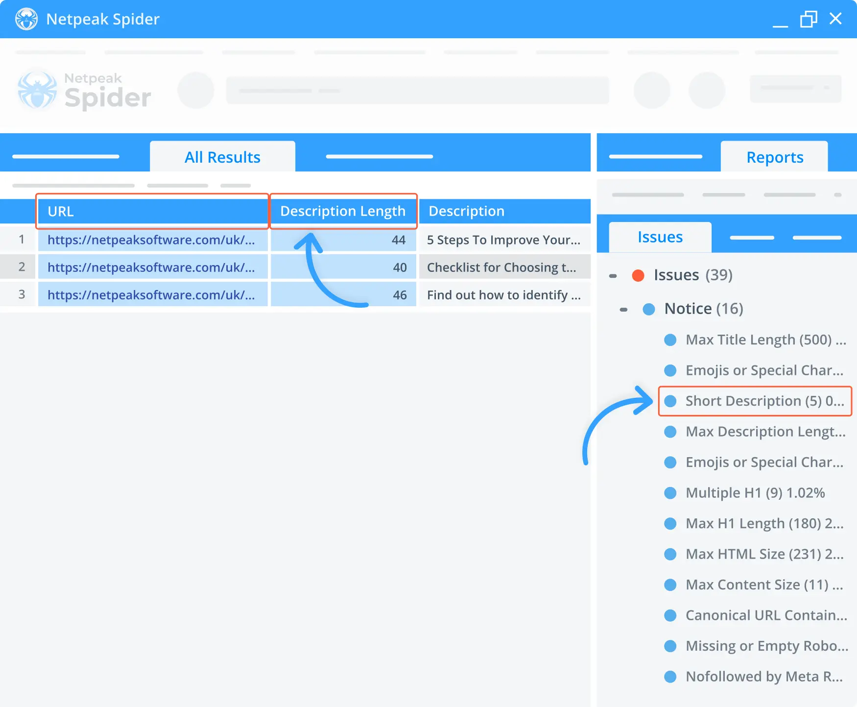 Define whether any of your pages contain short descriptions with Netpeak Spider.