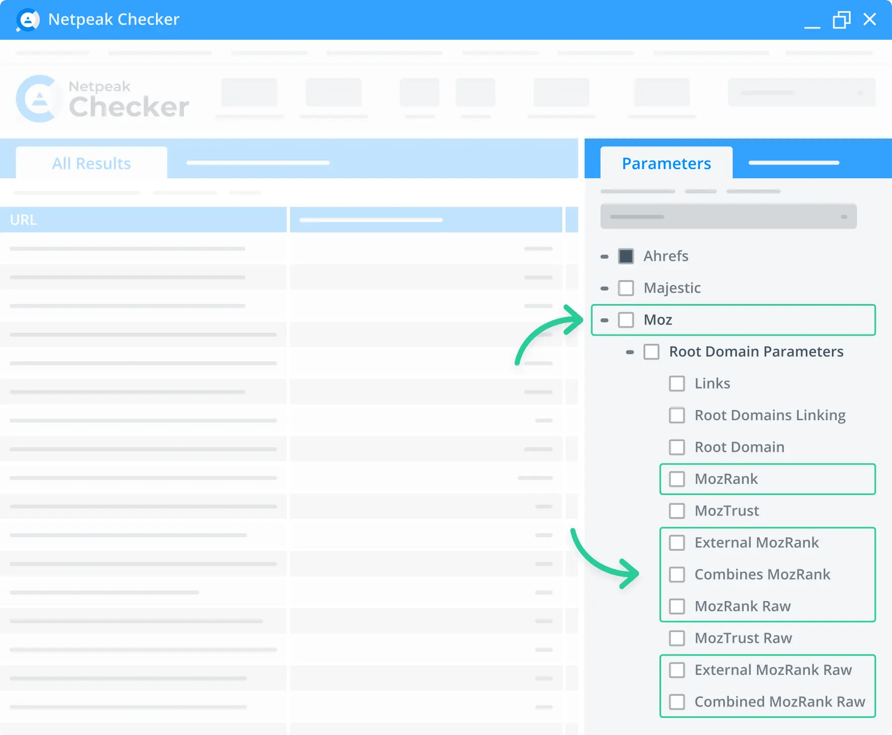 Choose the required parameters to run a precise Moz Rank analysis via Netpeak Checker.