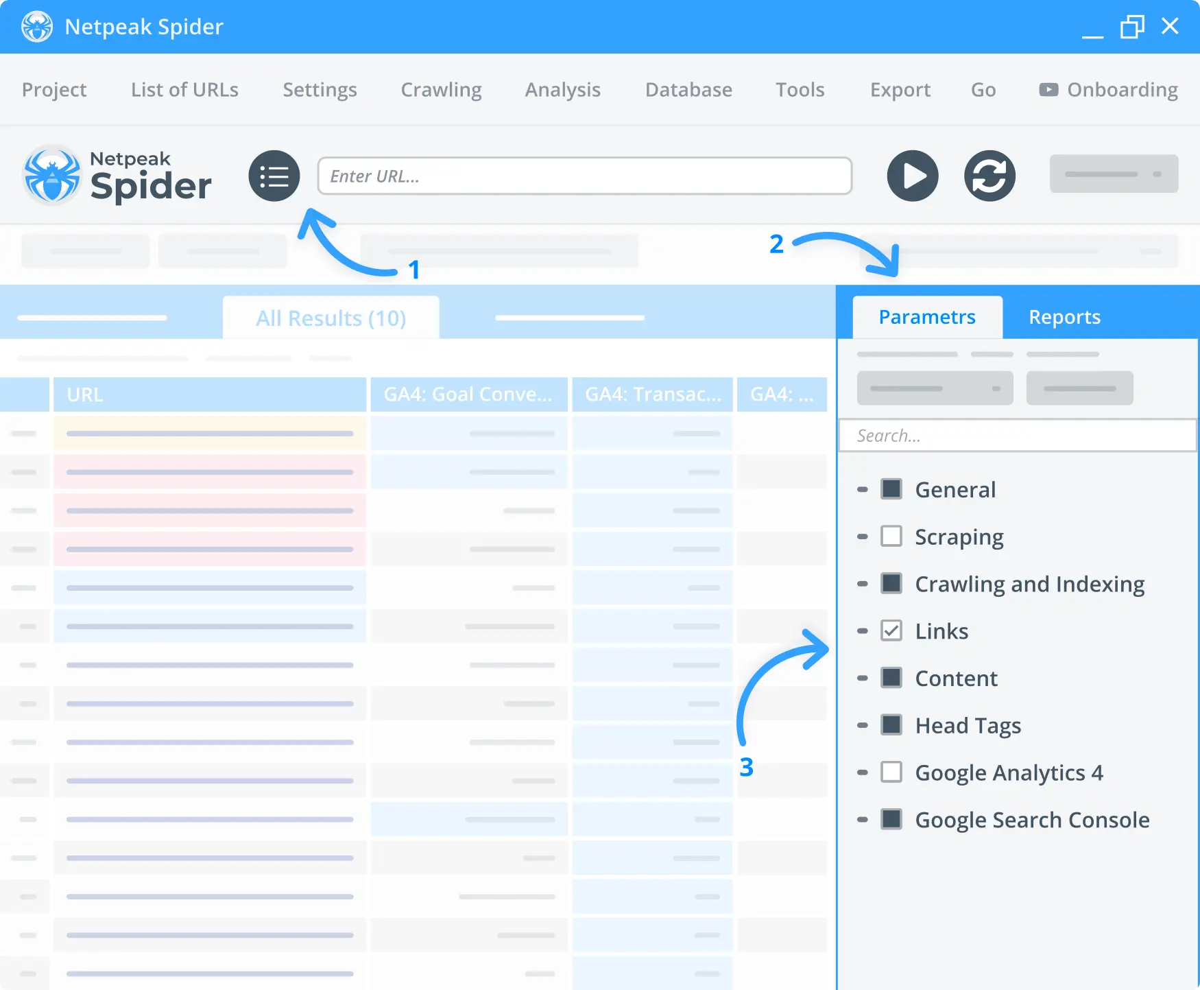 Insert the needed links at Netpeak Spider for On-page SEO analysis.