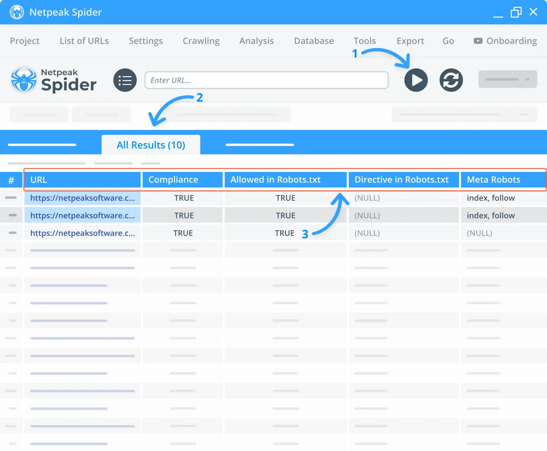 Checking compliance and meta robots tags in the Netpeak Spider.