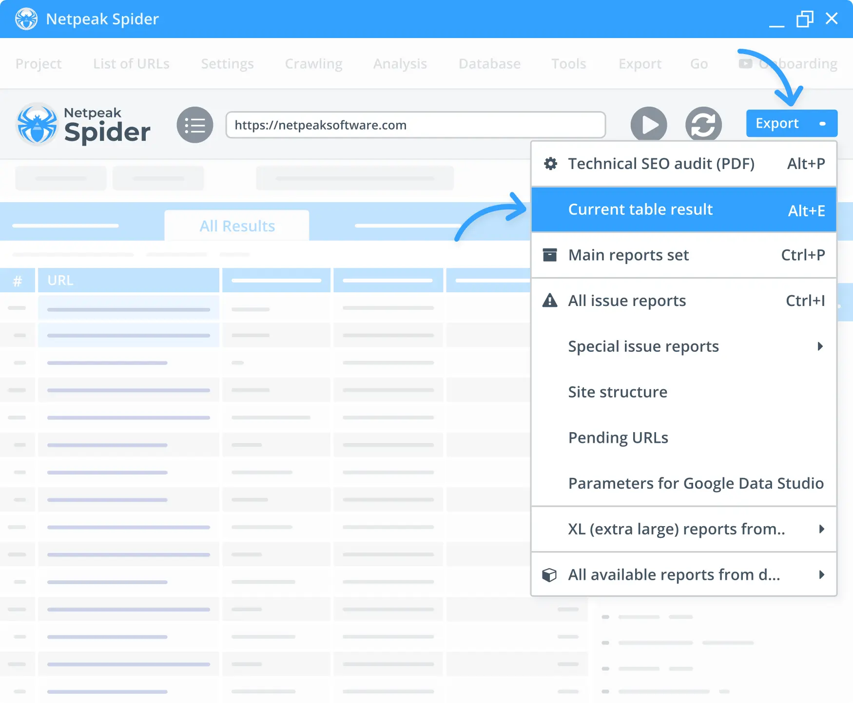 Obtaining onpage SEO tools results in the Netpeak Spider.