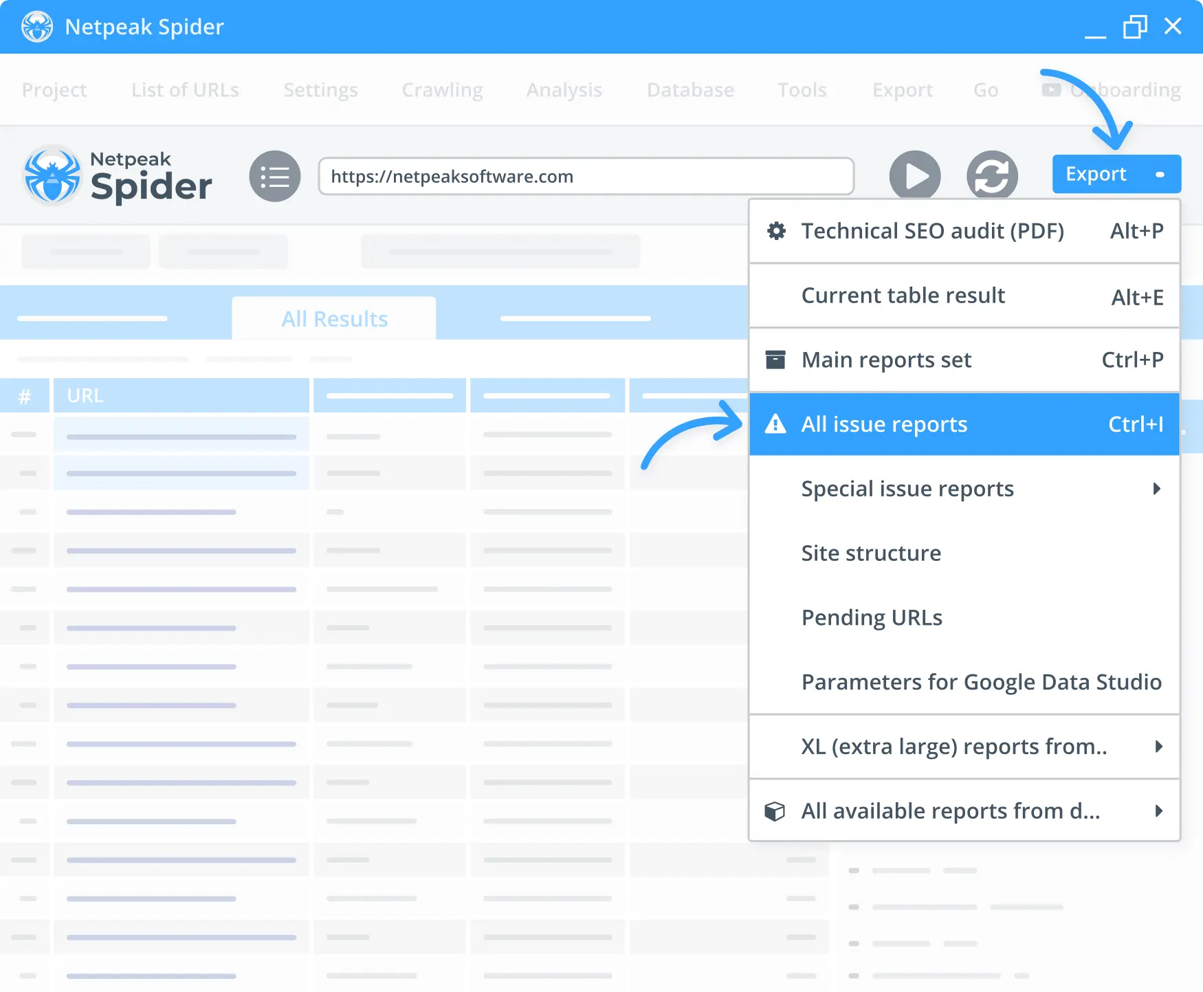 Exporting referring domains checker results at Netpeak Spider.