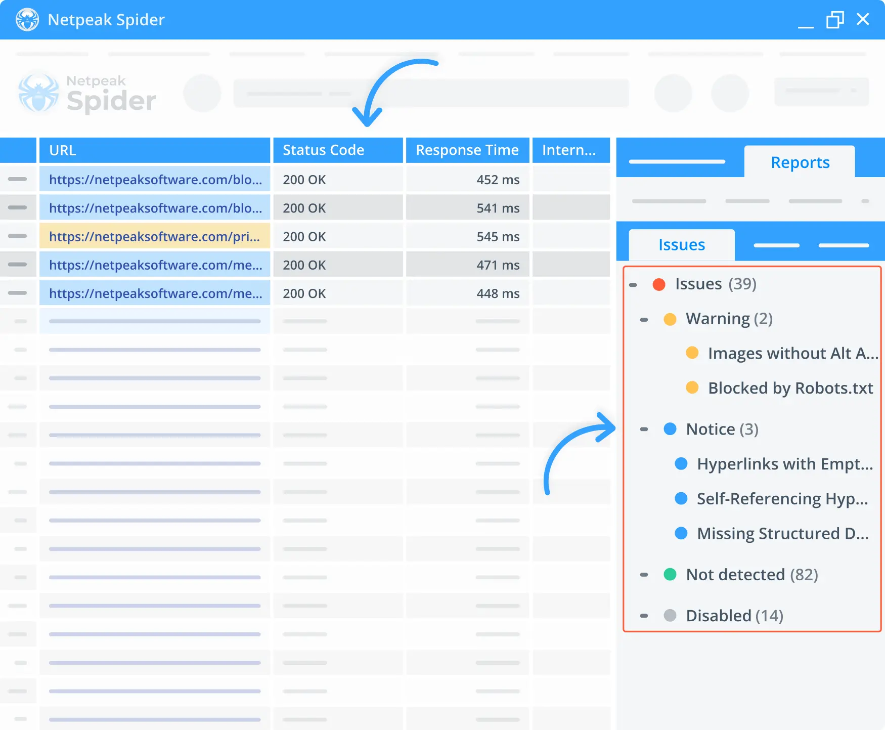 A comprehensive onpage SEO report in the Netpeak Spider.