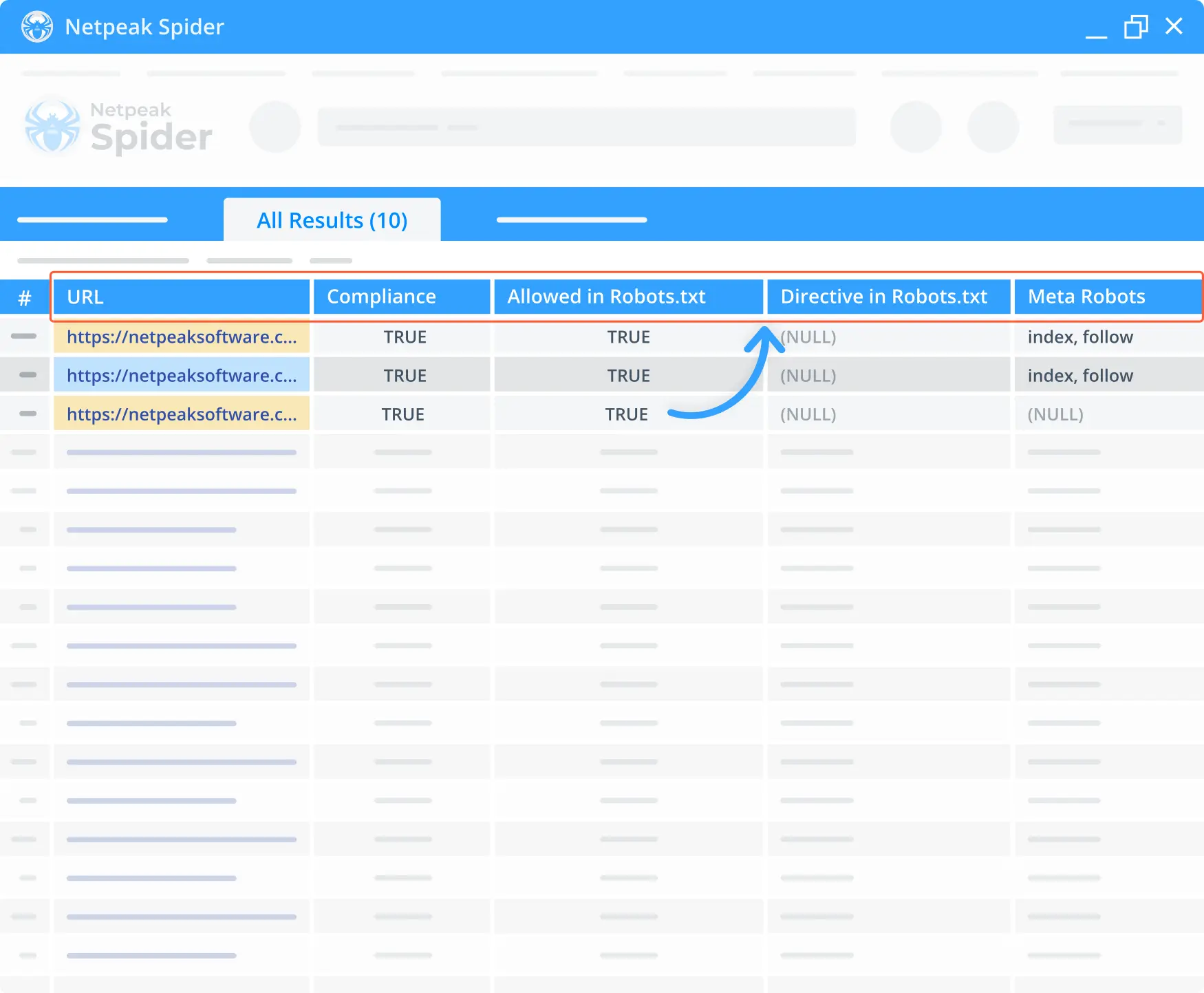 Crawling and indexing tool in the Netpeak Spider.