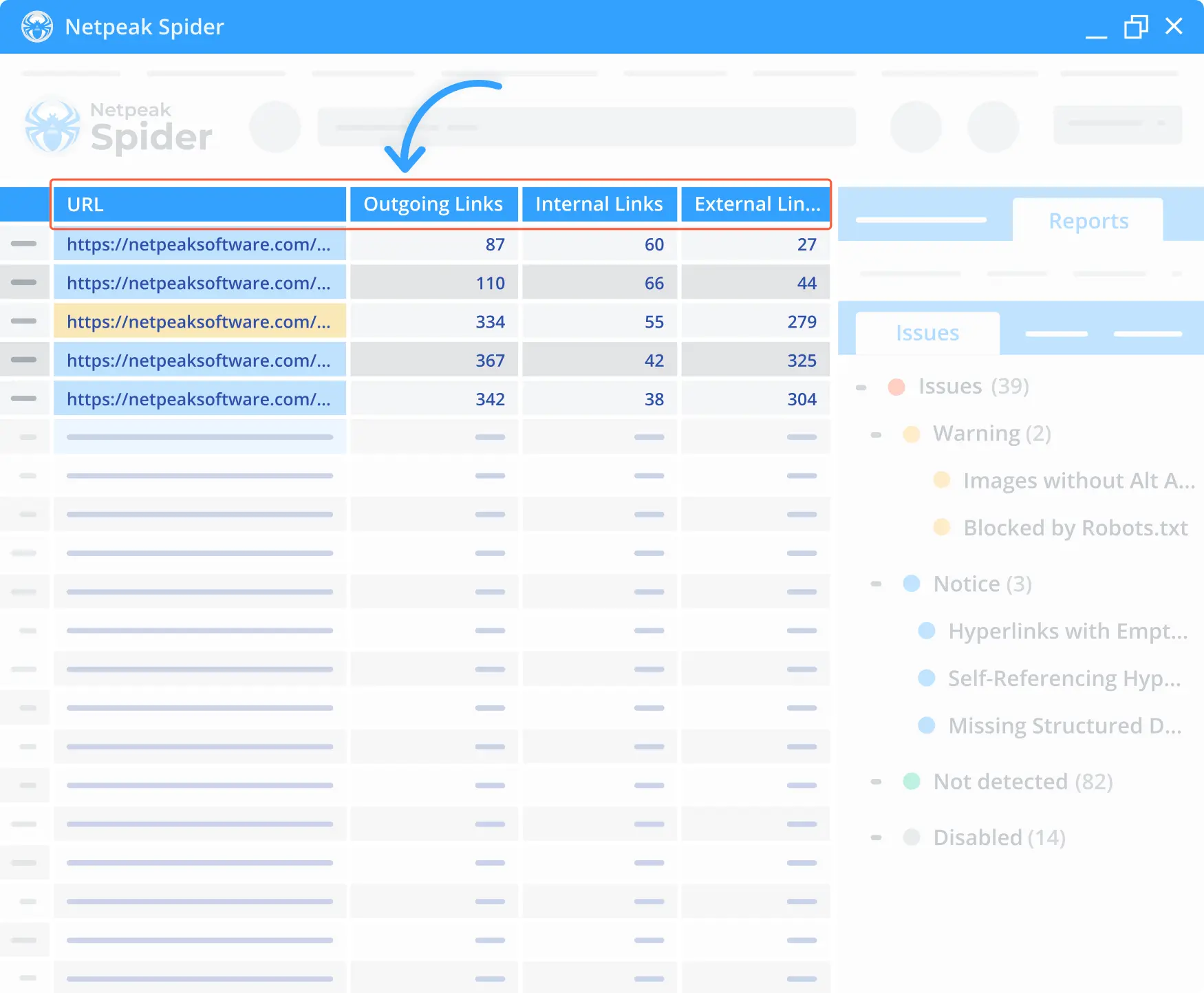  Links data analysis in the Netpeak Spider.