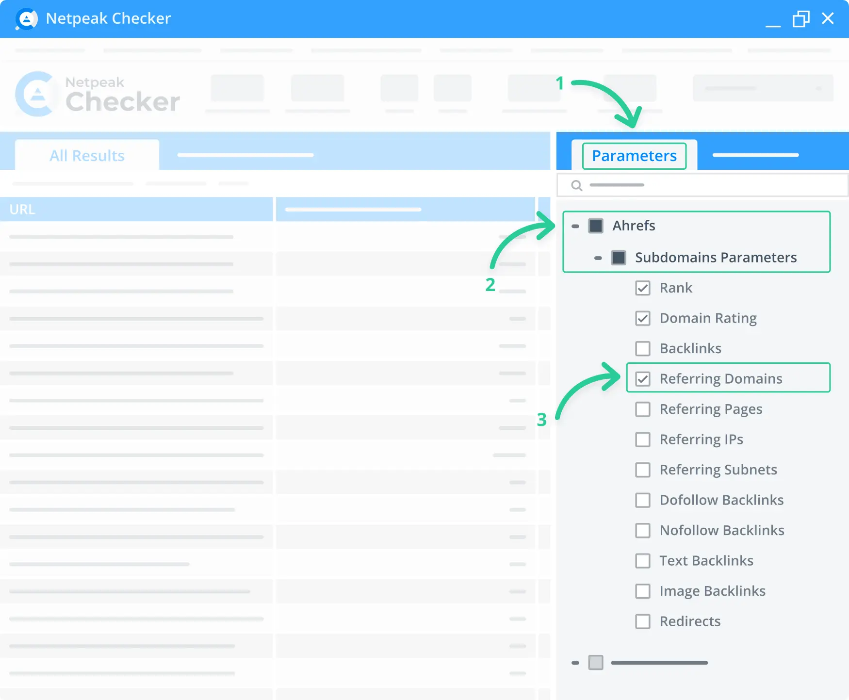 Ahrefs referring domains settings in the Netpeak Checker.