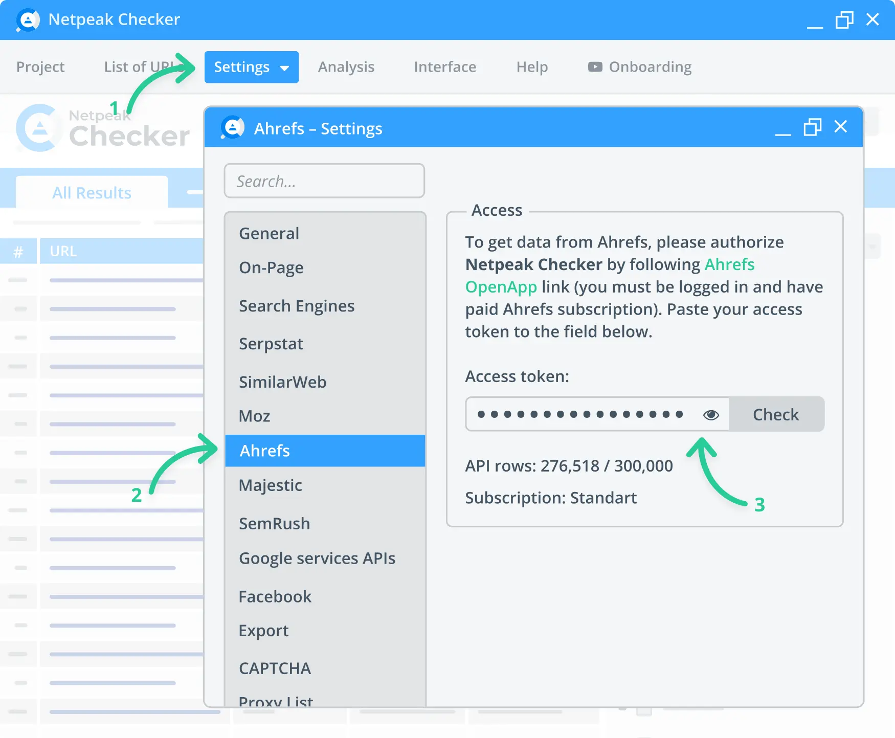 Authorizing your Ahrefs access in the Netpeak Checker.