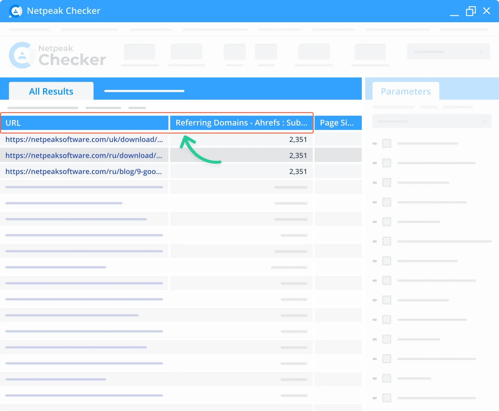 An Ahrefs Referring domains feature in Netpeak Checker.