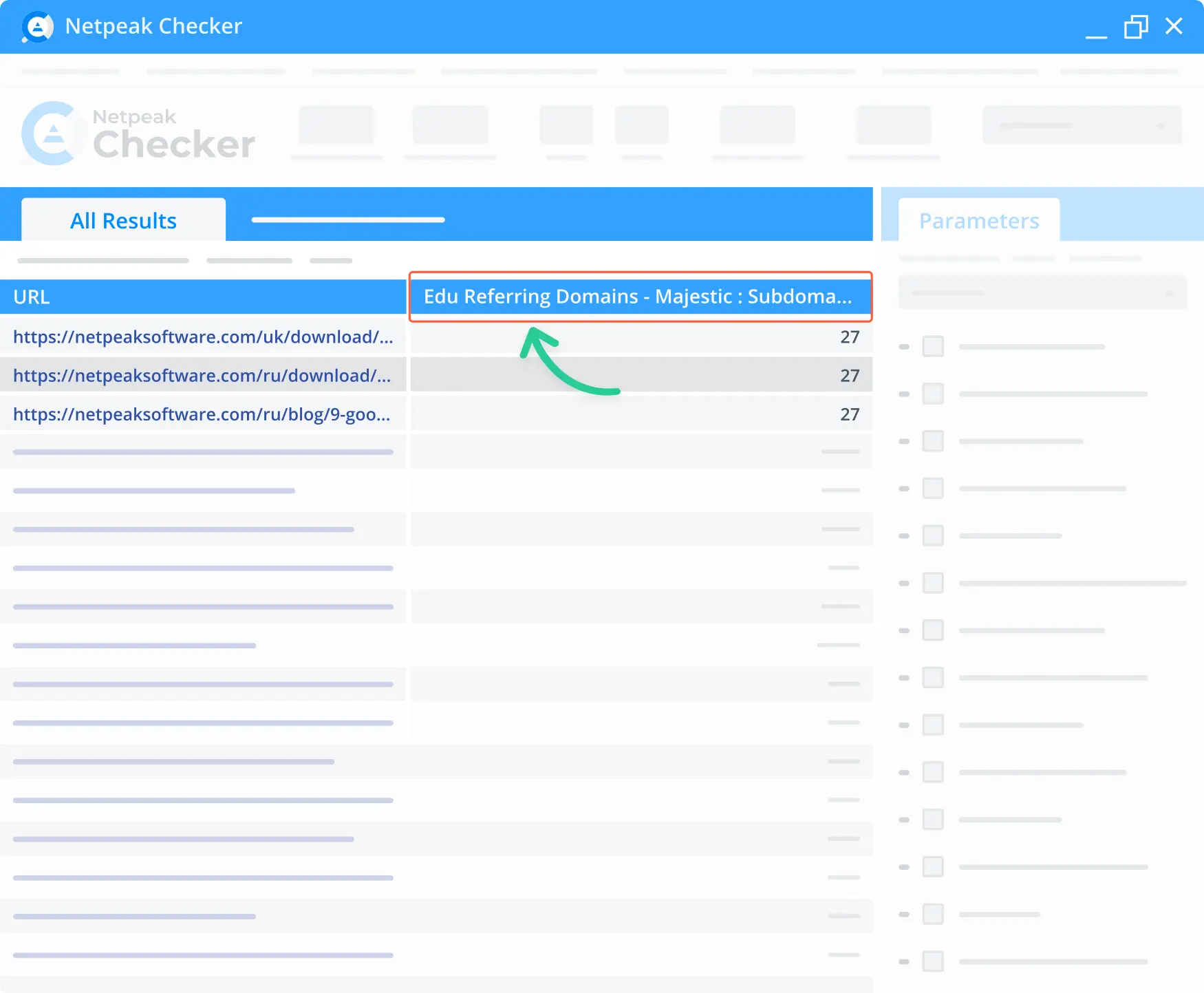 A Majestic Edu  Referring Domains feature in the Netpeak Checker.