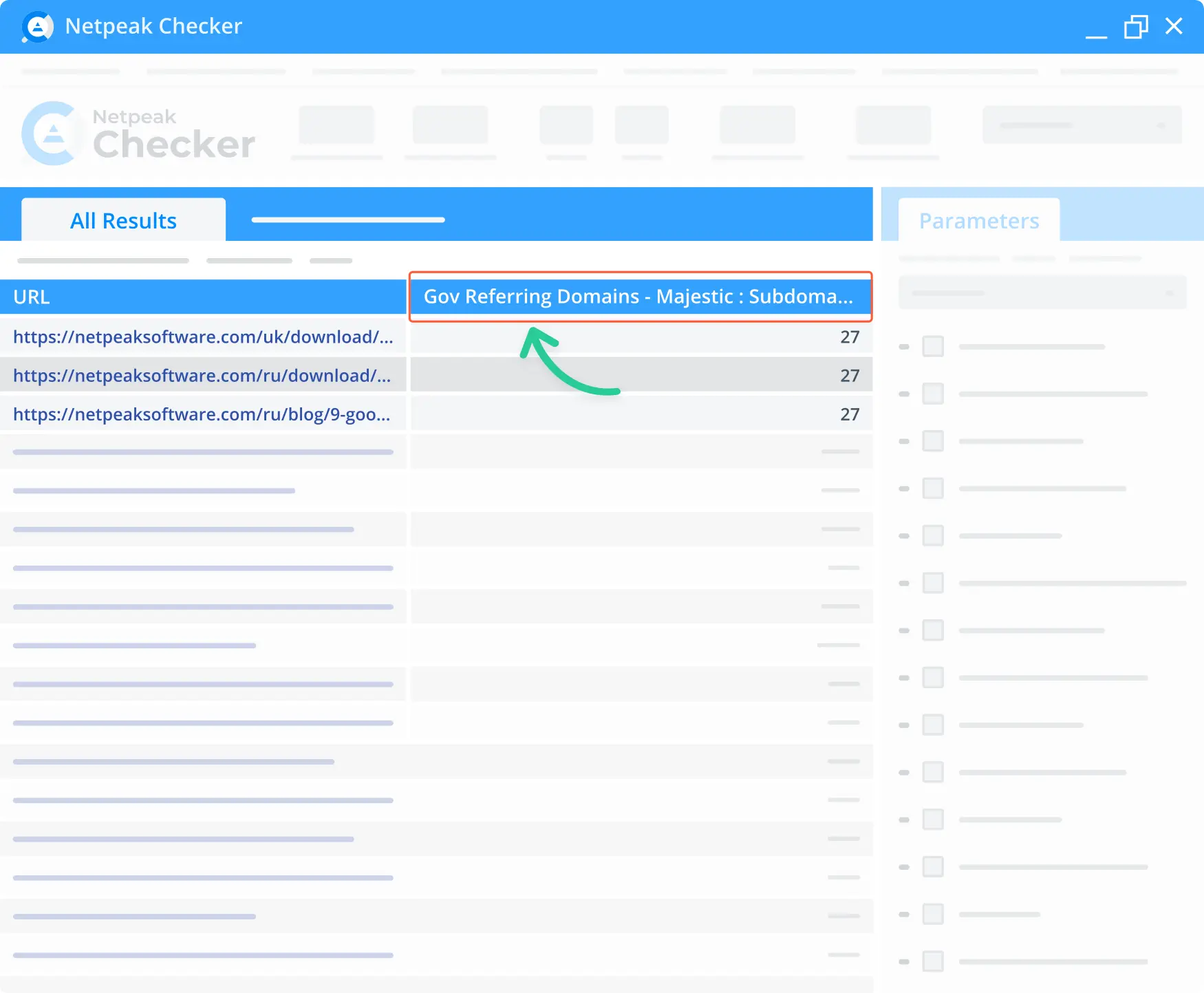 A Majestic Gov Referring Domains feature in the Netpeak Checker.