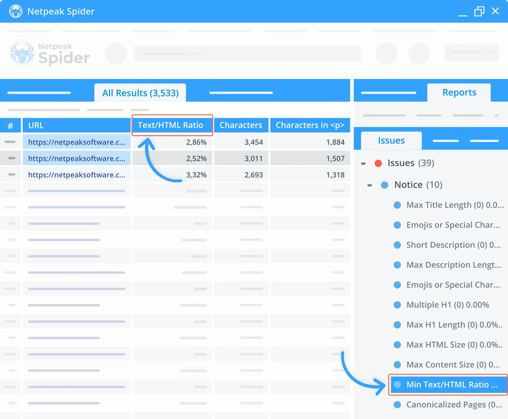 Define what pages contain a low text-to-HTML ratio with Netpeak Spider.