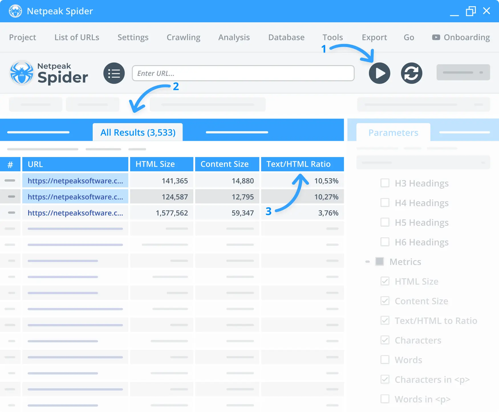 Check the crawling results in the form of a convenient table with Netpeak Spider.