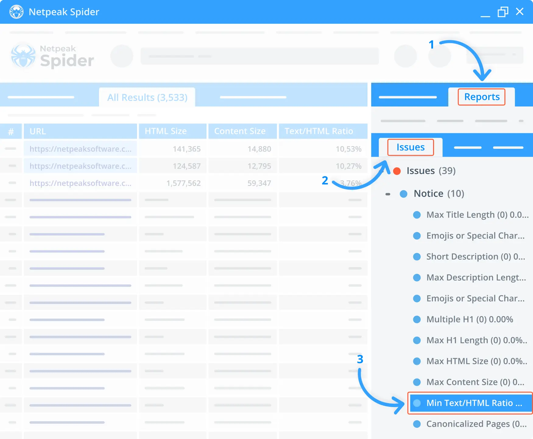 Detect text-to-ratio issues to fix them promptly.