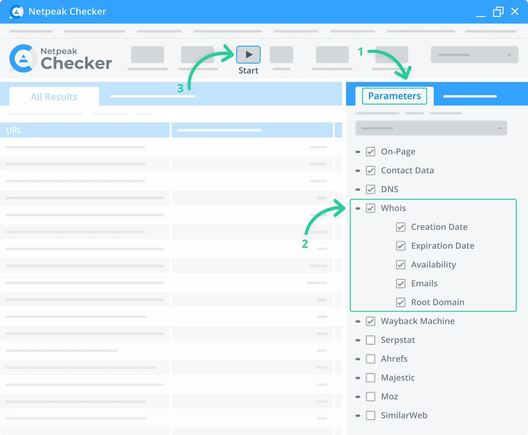 Choose the required parameters to receive detailed website information via Netpeak Checker.