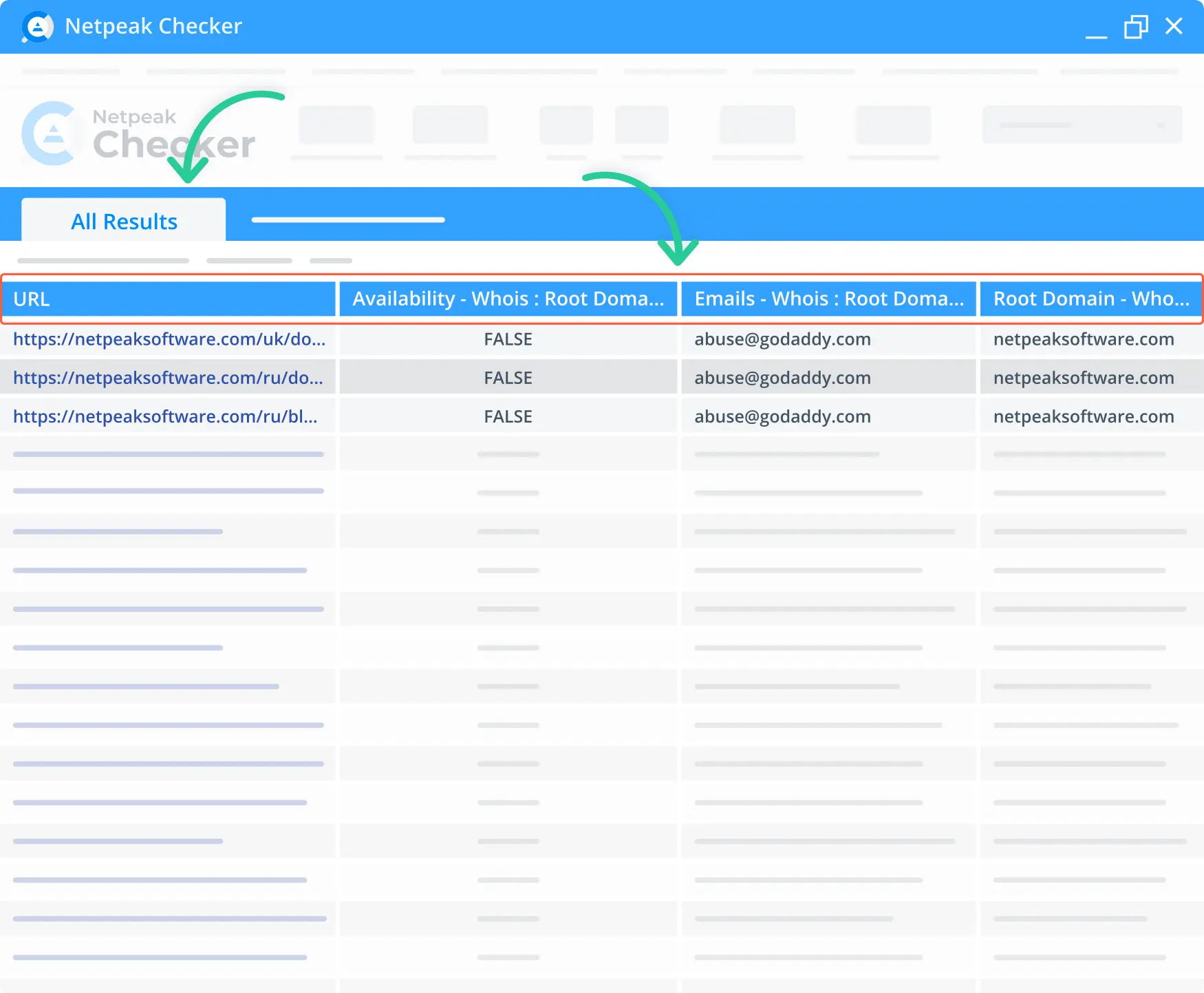 Netpeak Checker provides research results in the form of a table.