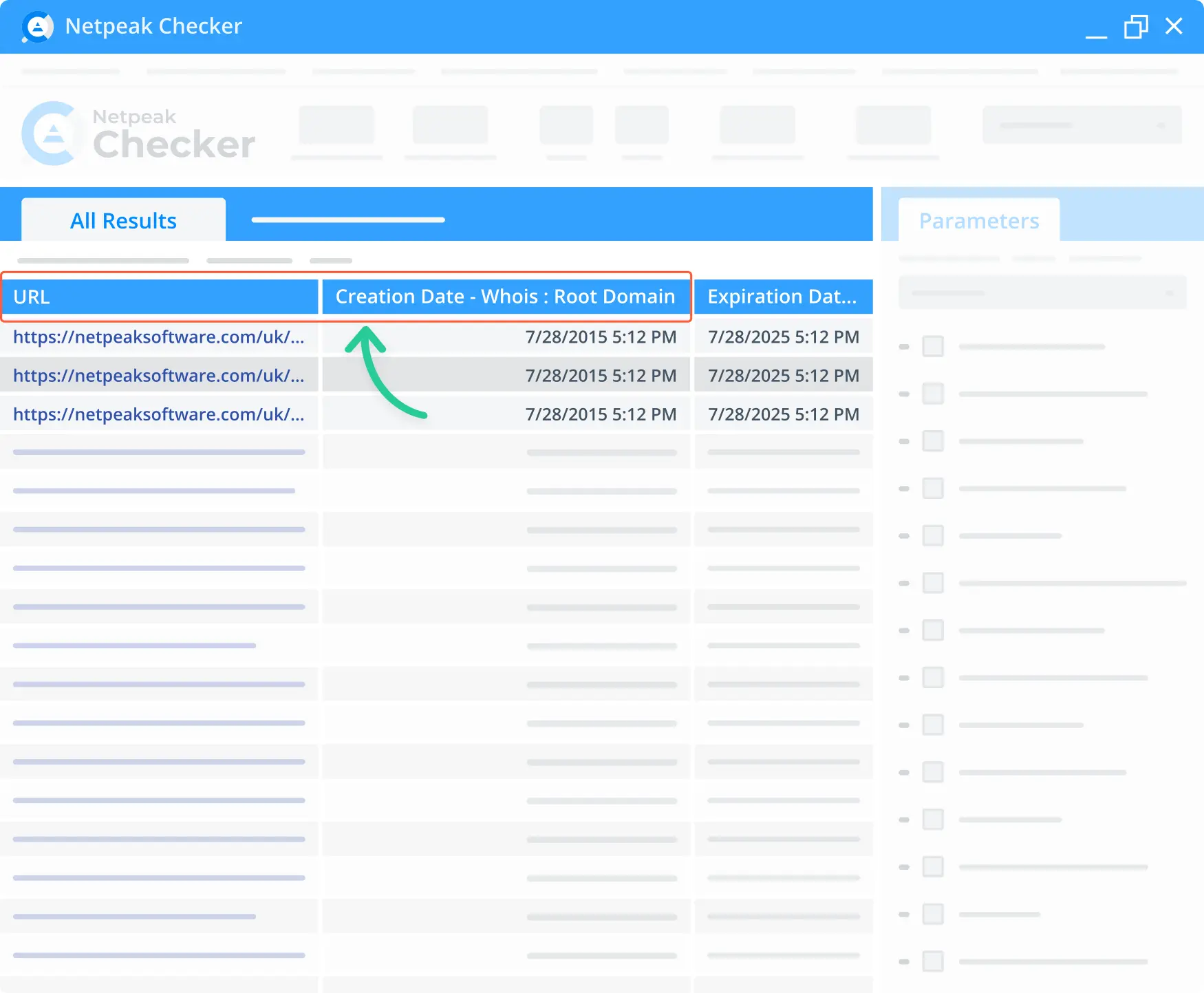 Use Netpeak Checker to check the website's creation date and time.